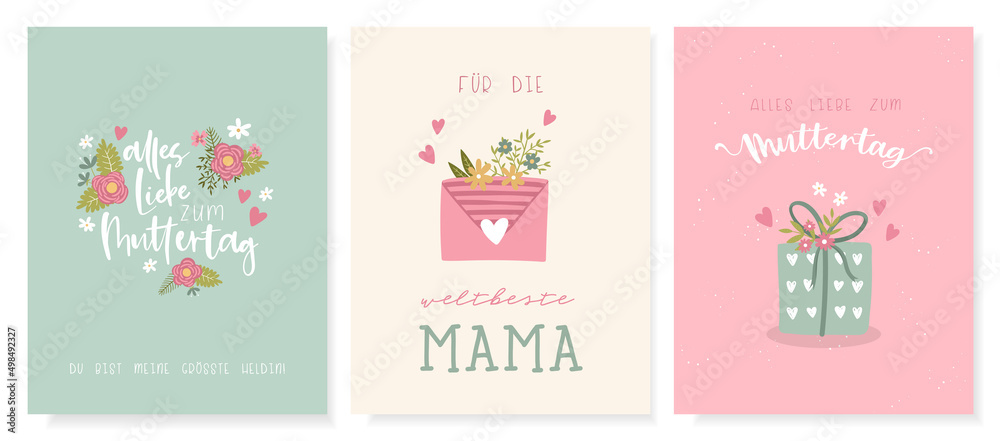 Lovely hand drawn Mother's Day designs, cute flowers and handwriting in German saying 