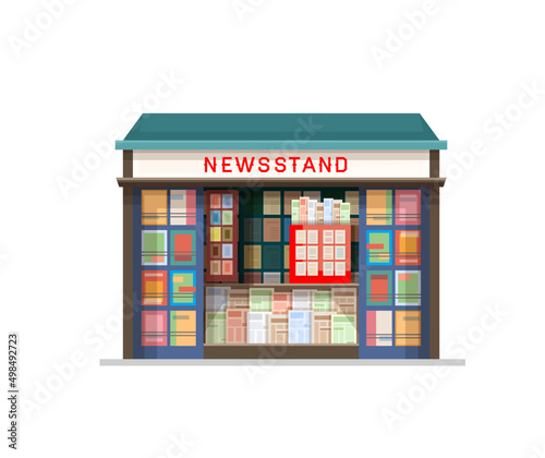Exterior of newsstand building, shop or kiosk with newspapers, vector. Street press and news or business magazines stall, bookshop or paper store stand or tobacconist and ticket booth pavilion box photo
