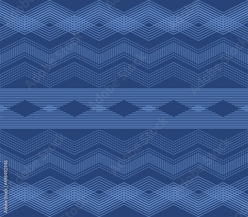 Chevron geometric navy blue vector seamless background. Argyle geometrical shapes modern pattern. Vintage style elegant rhombus, triangles, checkered borders ornament.