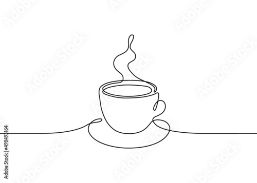 Cup of drink coffee or tea, one single continuous line drawing. Simple abstract outline beautiful mug with steam beverage. Vector illustration