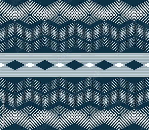 Chevron geometric navy blue vector seamless background. Argyle geometrical shapes modern pattern. Vintage style elegant rhombus, triangles, checkered borders ornament. Home interior wallpaper decor.