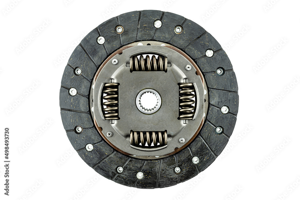 Used car clutch with damper springs and friction linings, isolated on a white background, top view. Used car clutch with damper springs and friction linings, isolated on a white background, top view.