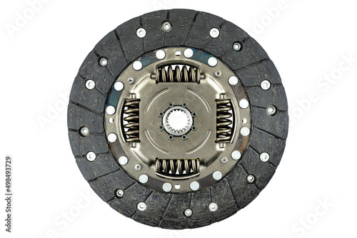 Used car clutch with damper springs and friction linings, isolated on a white background, top view.