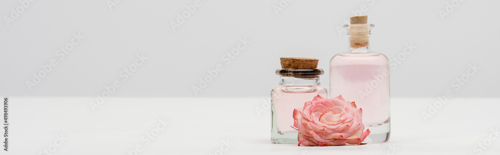 bottles with cosmetic products near pink flowers on white, banner.