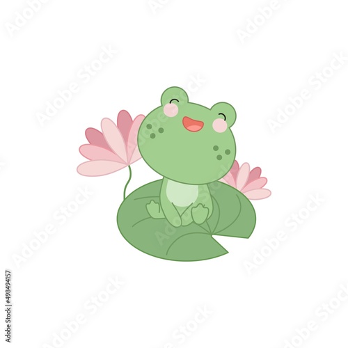 A cute little frog sitting on a water lily leaf.
