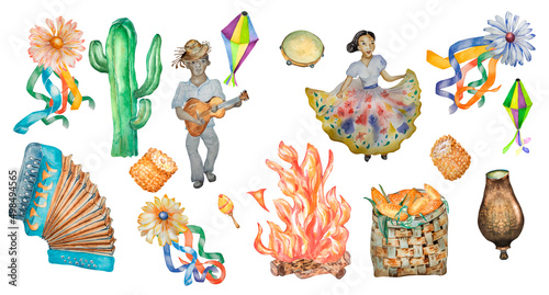 Fotografi Brasilian June festival set watercolor illustration isolated