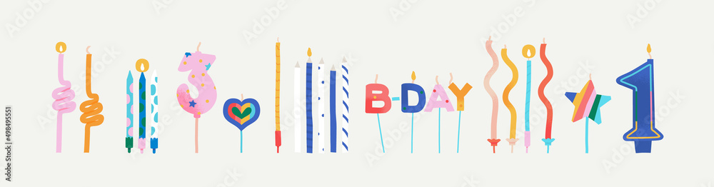 Different shapes of birthday candles collection. Wax figures with colorful stripes, dots, waves, zig zag pattern. Set of cake decoration with age numbers, text, firework, star, hearts. Trendy vector