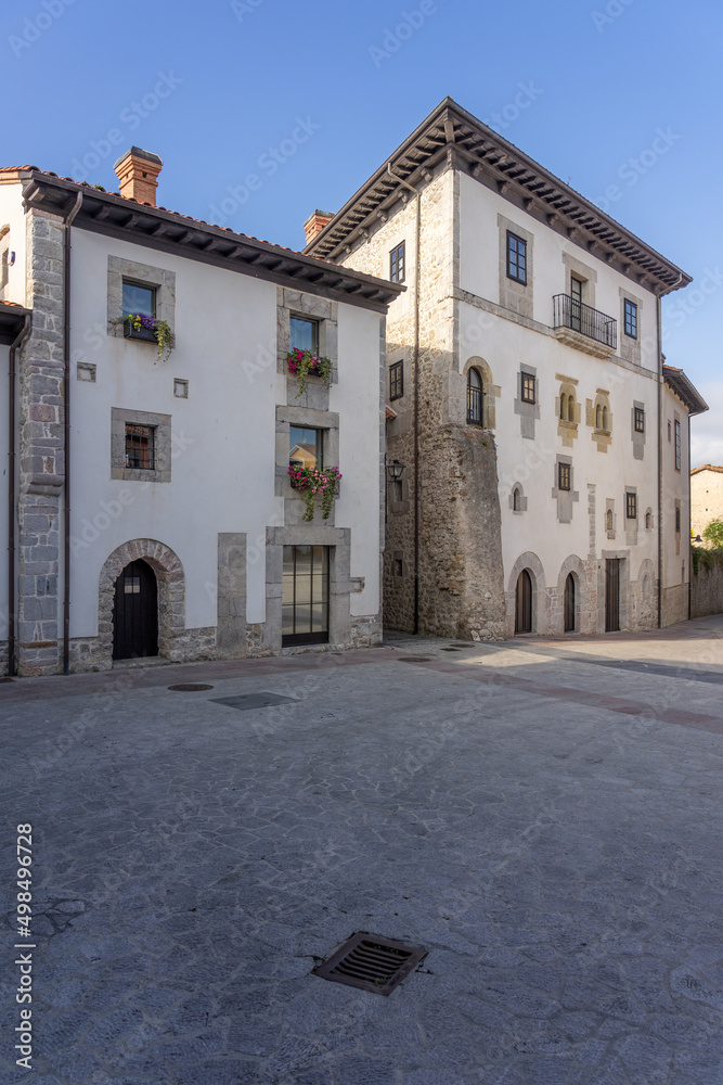 Santa Ana square in the old town of the beautiful village of Llanes in north of Spain at sunrise.