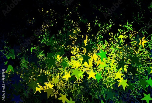 Dark Blue, Green vector layout with bright snowflakes, stars.