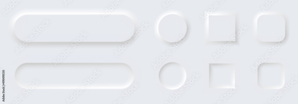 Button element icons for mobile and web interface. Blank modern buttons set in white minimal illustration for user interface of website, app and business.Design of neomorphism round templates.