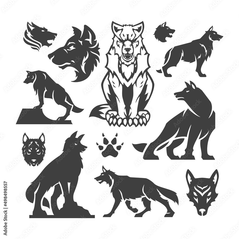 Set wolfs design elements for logo design vector illustration.