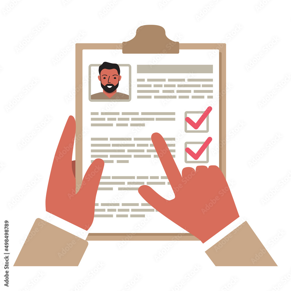 Human resources and resume.Clipboard with resume form in the hands.Hand choice cv.Resume writing concept.Document with personal data.CV application.Recruiters hands holding cv.