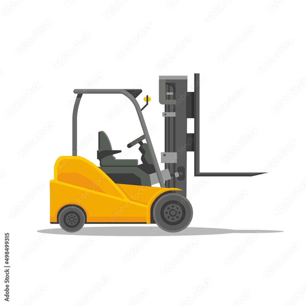 Yellow forklift truck with driver isolated on white background. electric uploader. Delivery, logistic and shipping cargo. Warehouse and storage equipment. Flat vector illustration