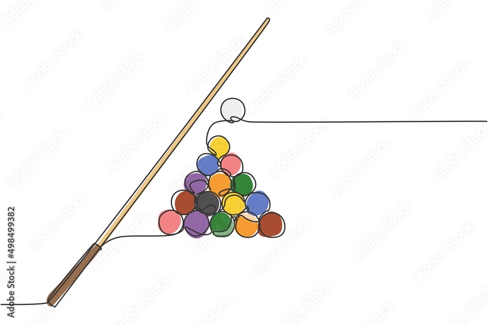 Single continuous line drawing of triangle pyramid balls stack for pool billiards game at billiard room. Indoor sport game concept. Trendy one line draw design vector illustration graphic Single continuous line drawing of triangle pyramid balls stack for pool billiards game at billiard room. Indoor sport game concept. Trendy one line draw design vector illustration graphic