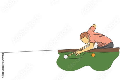 One single line drawing of young handsome man playing pool billiards at billiard room vector illustration graphic. Indoor sport recreational game concept. Modern continuous line draw design