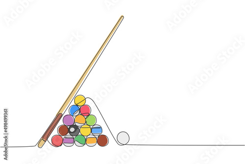 One continuous line drawing of triangle pyramid balls stack for pool billiards game at billiard room. Tournament indoor sport game concept. Dynamic single line draw graphic design vector illustration