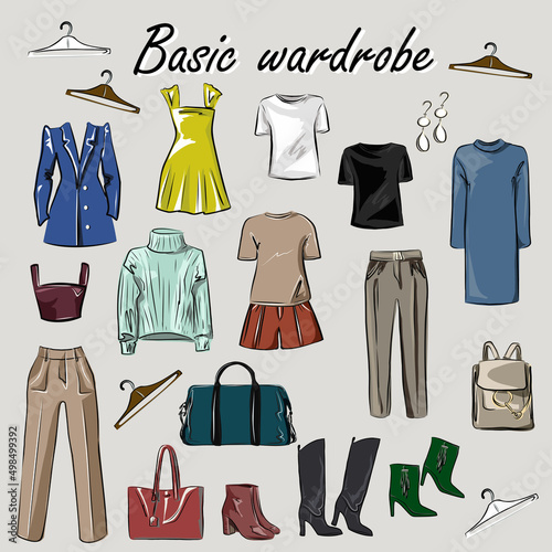Capsule basic wardrobe for a woman. Minimalism. Fashion. Big cupboard. Wardrobe with a set of clothes on hangers and bags. Isolated vector objects.