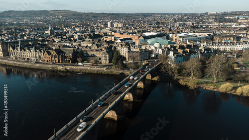 River Tay and Tay Street in Perth, Scotland, from the air. Drone image of Perth. 