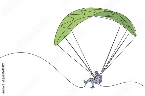 One continuous line drawing of young bravery man flying in the sky using paragliding parachute. Outdoor dangerous extreme sport concept. Dynamic single line draw graphic design vector illustration