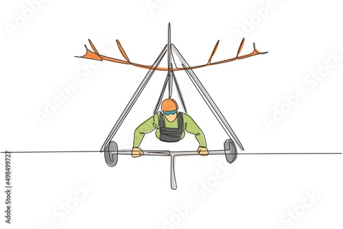 Single continuous line drawing of young tourist man flying with hang gliding parachute on the sky. Extreme vacation holiday sport concept. Trendy one line draw graphic design vector illustration