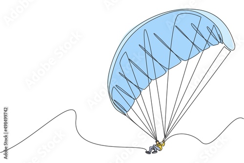 Single continuous line drawing of young tourist man flying with paragliding parachute on the sky. Extreme vacation holiday sport concept. Trendy one line draw design vector graphic illustration