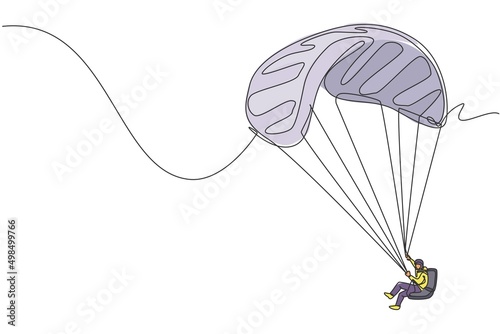 Single continuous line drawing of young tourist man flying with paragliding parachute on the sky. Extreme vacation holiday sport concept. Trendy one line draw design vector graphic illustration