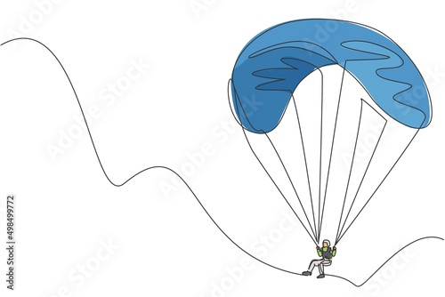 One single line drawing of young sporty man flying with paragliding parachute on the sky graphic vector illustration. Extreme sport concept. Modern continuous line draw design