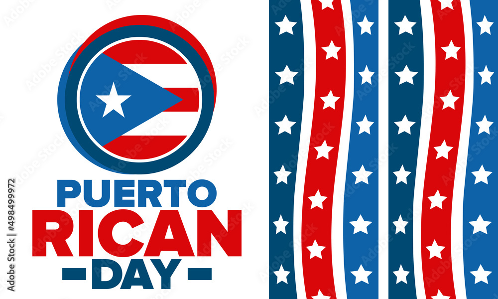 Puerto Rican Day. National happy holiday. Festival and parade in honor of independence and freedom. Puerto Rico flag. Latin american country. Patriotic elements. Vector poster illustration