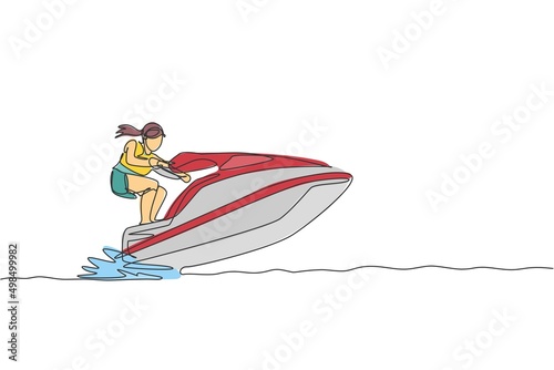 One single line drawing young sporty man play jet skiing in the sea beach graphic vector illustration. Healthy lifestyle and extreme sport concept. Summer vacation. Modern continuous line draw design