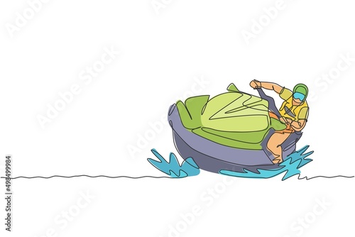 One continuous line drawing of young energetic man fun play jet skiing in the sea ocean. Healthy lifestyle sport concept. Happy tourist vacation. Dynamic single line draw design vector illustration