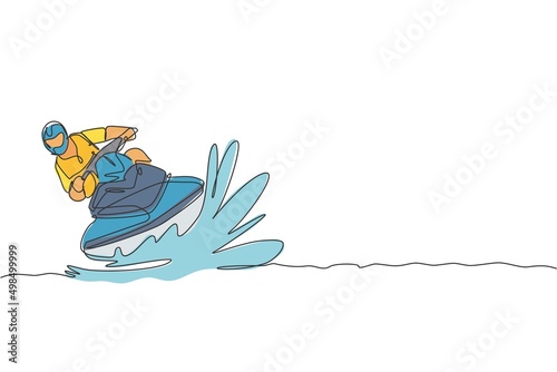 Single continuous line drawing of young sporty tourist man fun playing jet ski in the sea. Extreme dangerous sea sport concept. Summer holiday vacation. Trendy one line draw design vector illustration