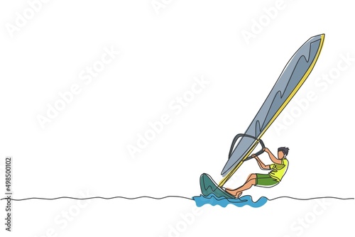 One continuous line drawing of young energetic man fun play windsurfing in the sea ocean. Healthy lifestyle sport concept. Happy tourist vacation. Dynamic single line draw design vector illustration