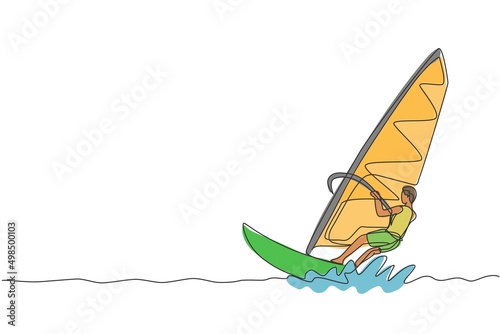 One single line drawing young sporty man play windsurfing in the sea beach graphic vector illustration. Healthy lifestyle and extreme sport concept. Summer vacation. Modern continuous line draw design
