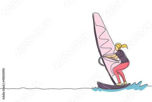 One single line drawing of young sporty woman play windsurfing in the sea beach vector illustration. Healthy lifestyle and extreme sport concept. Summer vacation. Modern continuous line draw design