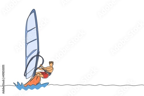 One continuous line drawing of young energetic man fun play windsurfing in the sea ocean. Healthy lifestyle sport concept. Happy tourist vacation. Dynamic single line draw design vector illustration