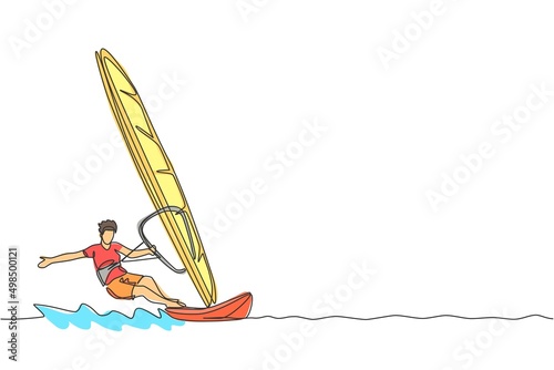 Single continuous line drawing of young sporty surfer man playing windsurfing in the sea. Extreme dangerous sea sport concept. Summer holiday vacation. Trendy one line draw design vector illustration