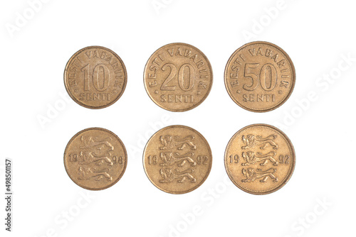 Set of old Estonian coin isolated on black, 10 20 50 senti. Coinage, close-up.