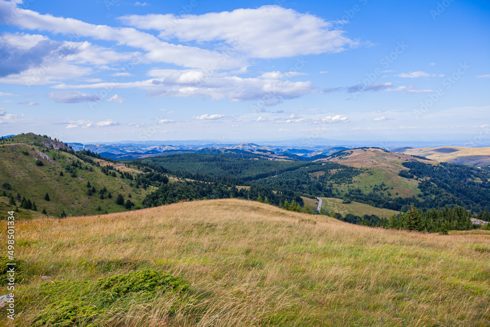 Naklejka premium Summer Countryside Mountain Nature Landscape. Picturesque Scenery Green Hills And Fields. Beautiful Blue Sky With Clouds. Visually attractive View Of Mountain Kopaonik, Serbia, Europe.