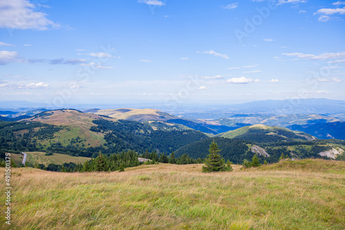 Summer Countryside Mountain Nature Landscape. Picturesque Scenery Green Hills And Fields. Beautiful Blue Sky With Clouds. Visually attractive View Of Mountain Kopaonik  Serbia  Europe.