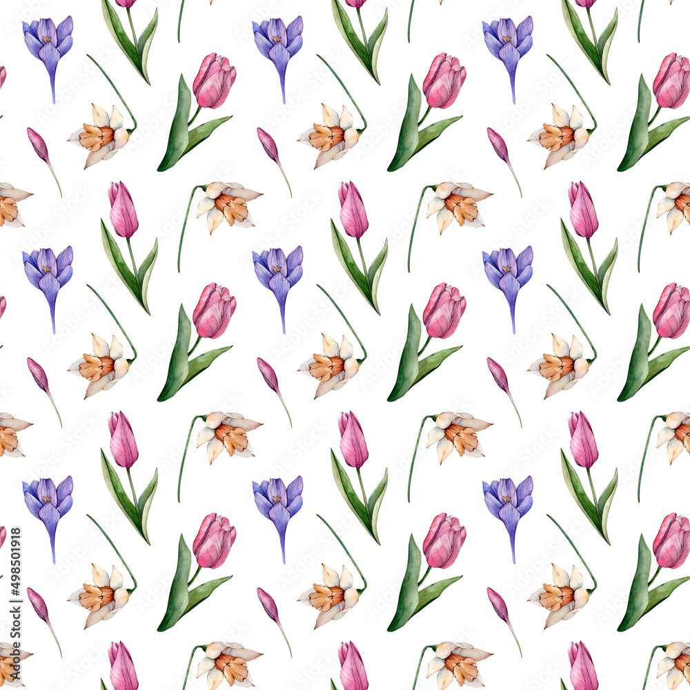 Hand Drawn Spring flowers watercolor digital paper Pink tulips White narcissus and Purple crocuses. Floral seamless pattern