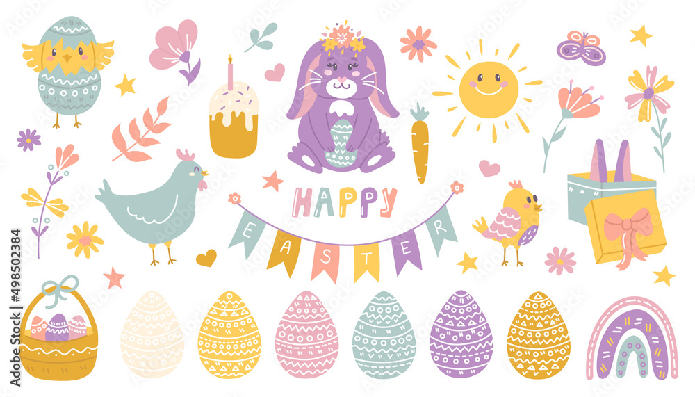 Happy Easter. Set of cute cartoon characters and design elements. Easter eggs, rabbit, chicken and flowers. Vector flat illustration