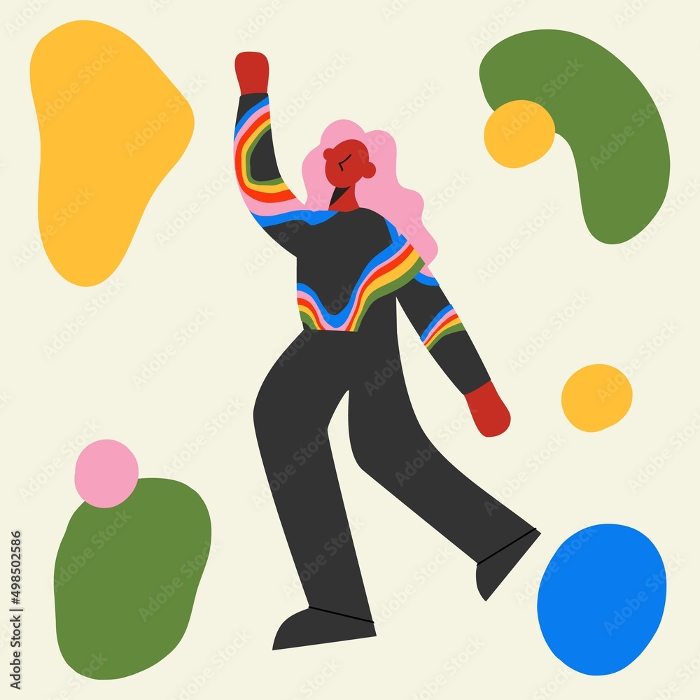 Girl in motion on a light background with various blots. Colorful abstract illustration. Flat design, hand drawn cartoon, vector illustration. Girl in motion on a light background with various blots. Colorful abstract illustration. Flat design, hand drawn cartoon, vector illustration.