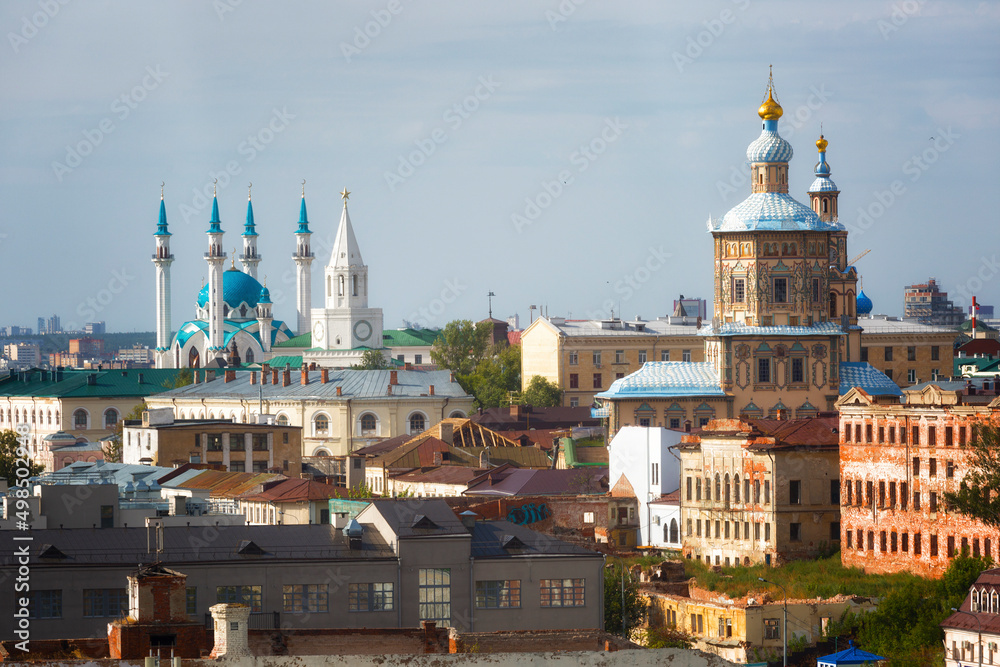 Fototapeta premium Aerial view bell tower of the Cathedral, church and Kremlin. Kazan, Tatarstan, Russia