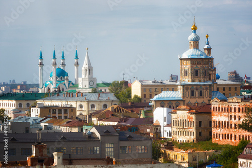 Aerial view bell tower of the Cathedral, church and Kremlin. Kazan, Tatarstan, Russia