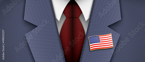 American politician dressed in a blue color official suit, white shirt, red tie, and USA flag lapel pin, vector illustration.