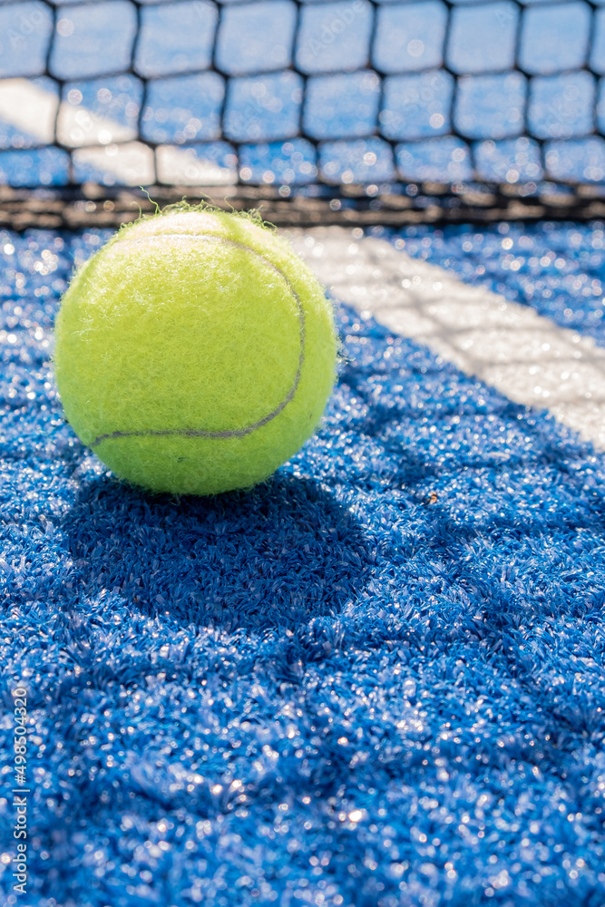 selective focus, paddle tennis ball on a blue paddle tennis court close to the net, racket sports concept