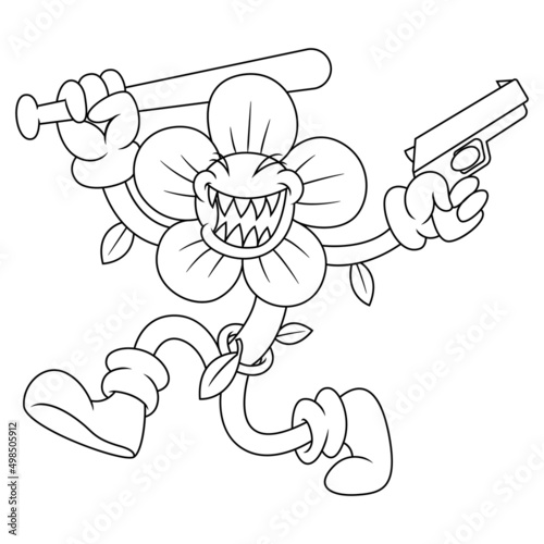 Coloring illustration of cartoon bad flower holding weapons