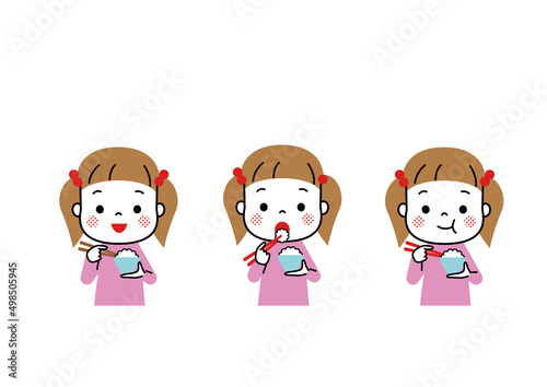 おいしそうにごはんを食べている女の子　セット