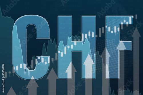 Word CHF  Swiss franc  on blue finance background from graphs  charts. Soft focus  shadow. Trend Up and Down. Financial market concept