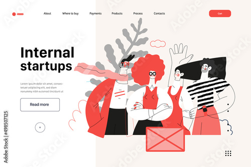 Startup illustration, website landing template Flat line vector modern concept illustration, startup metaphor. Concept of building new business, strategy, company processes. Internal startups